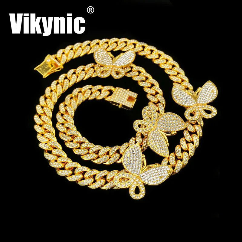 

Hip Hop 22K Gold Plated Four Butterfly Diamond Chain Cuban Link Chain Necklace Cubic Zircon Necklace Iced Out Cuban Link Chain