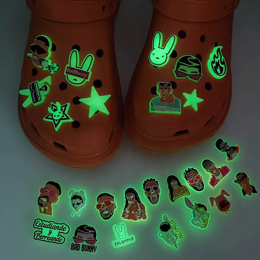 

Popular Bad Bunny Croc Shoe Charm Glow in Dark Cheap Soft PVC Croc Shoe Buckle Decorations Charms for kids Designer Shoes, Customized