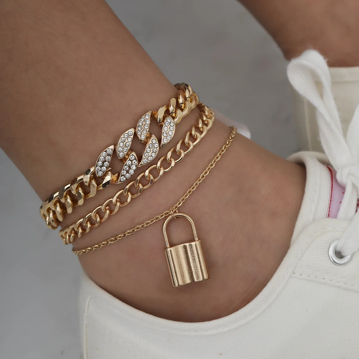 

Gorgeous Pretty 3pcs Set Gold Silver Crystal Lock Cuban Chain Anklet Multi Layer Curb Link Chain Diamond CZ Lock Ankle Bracelet