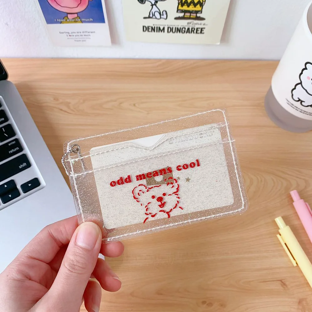 

Japanese and Korea style simple cute bear PVC glitter transparent student bus card holder, White