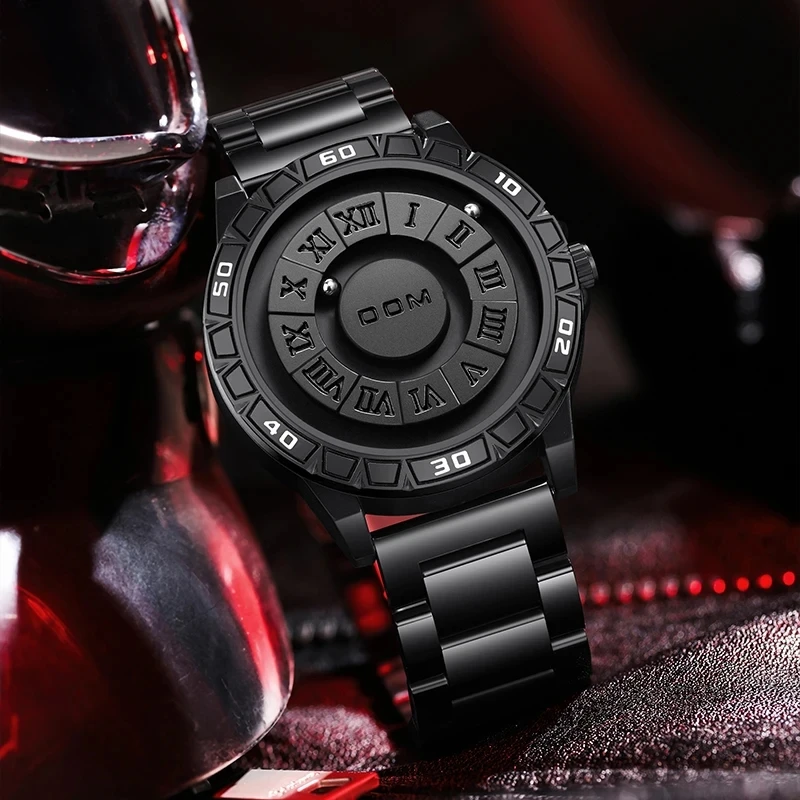 DOM 1726 Mens Wristwatches 43mm Oval Stainless Steel & Leather Strap Magnetic Ball Quartz Watch Waterproof Luminous Watches
