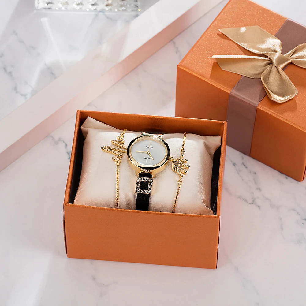 

Fashion Luxury ladies Leather Bracelet Watches Women Watch with Box Gift Set al fajr watch