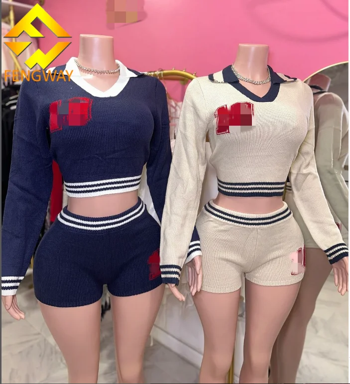 Knit 2 Piece Sets 2024 Fall Number Embroidery Outfit Preppy Style Lapel Stripe Patchwork Sweater and Shorts Set for Women
