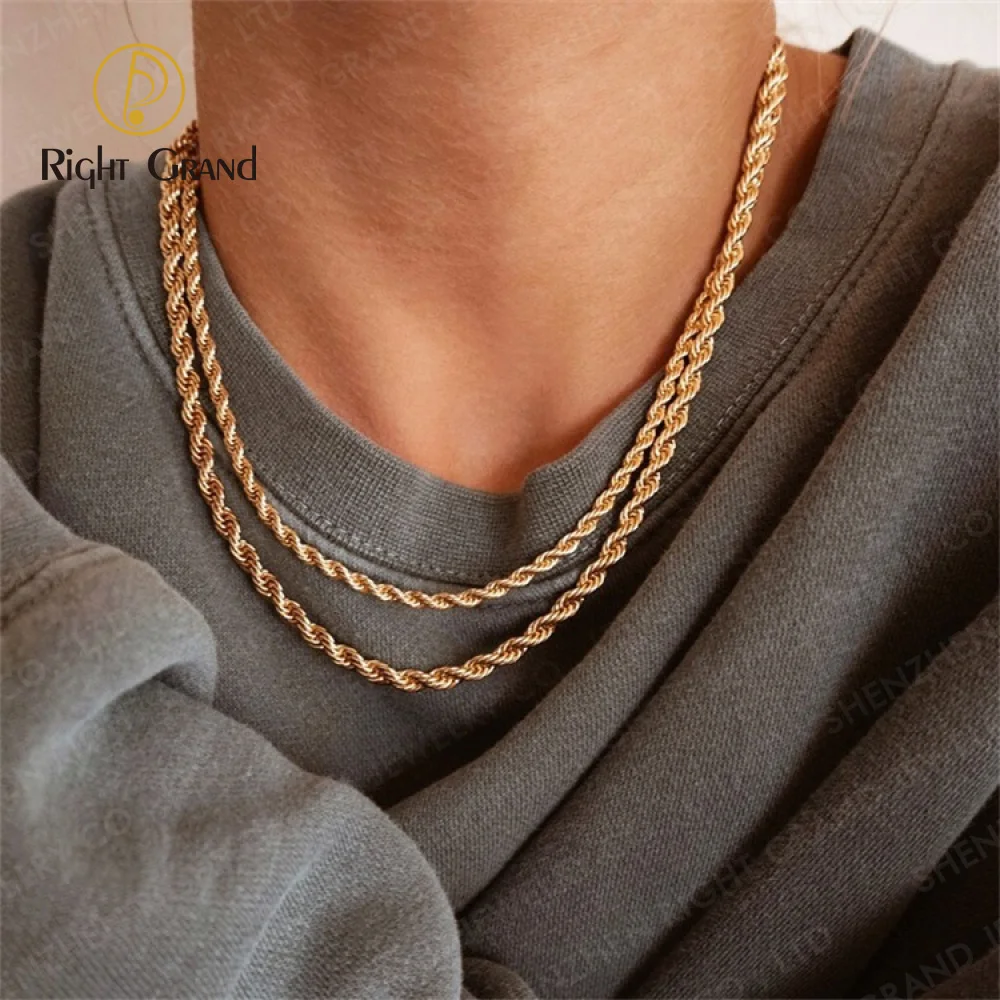 

3mm 4mm Fashion Hip Hop Jewelry Stainless Steel 14k Gold Pvd Plated Twisted Rope Chain Necklace For Men Women