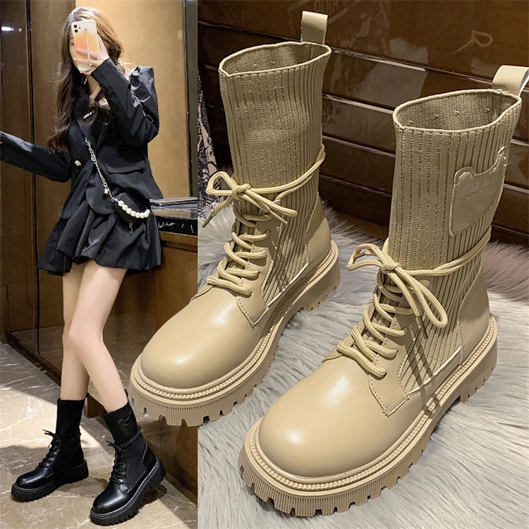 

D13421 Solid color street trend fashion casual chunky heels elastic force knit shoes 2021 ladies lace up boots