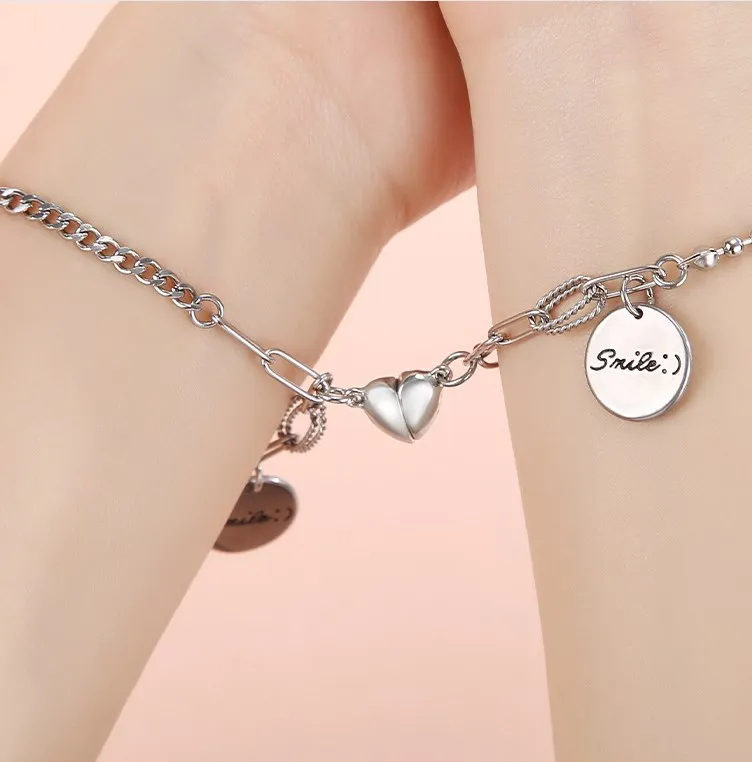 

Xunbei 2021 New Smile Heart Magnet A Pair Couple Stainless Steel Bracelets, Silver,gold