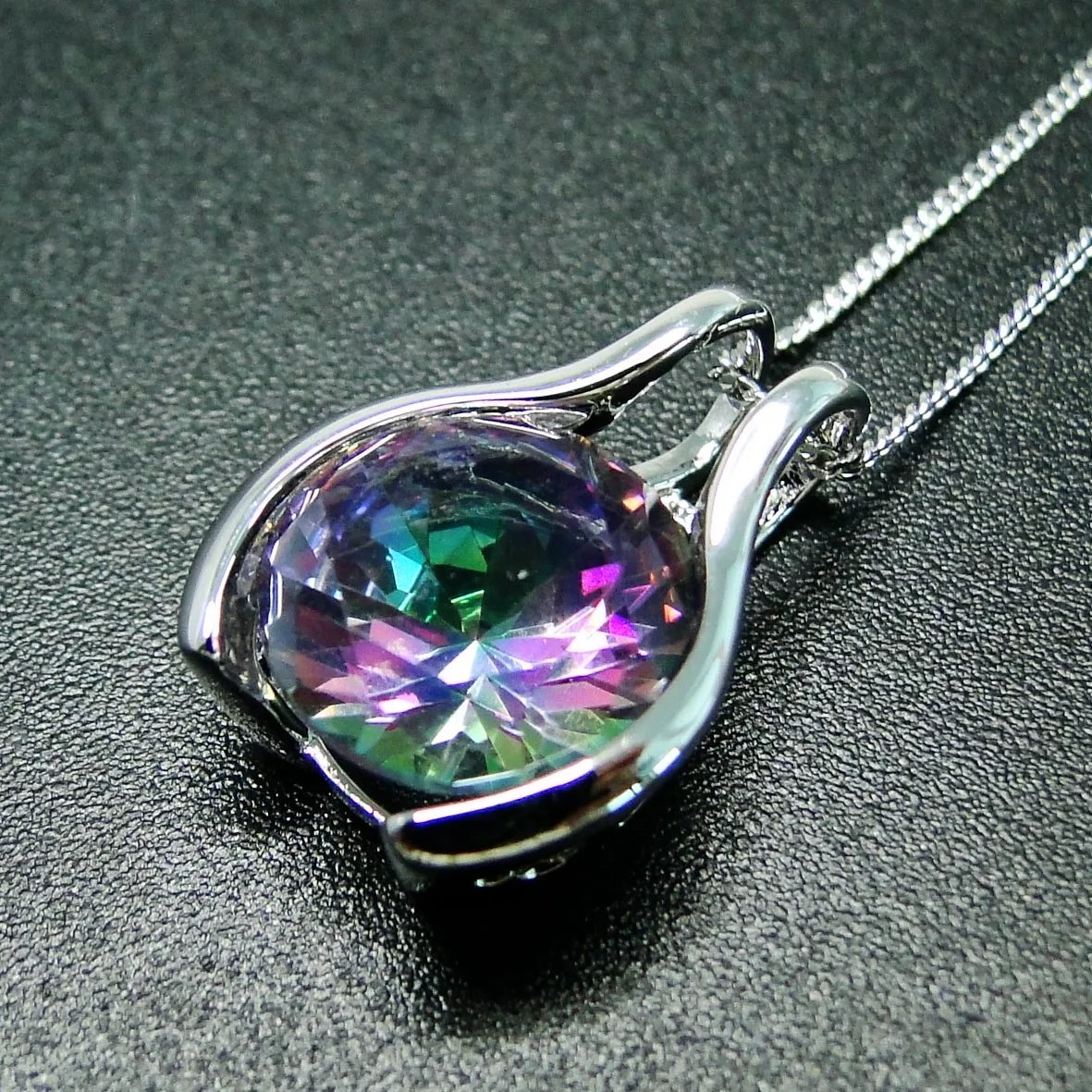 

Round 12mm Multi Color Rainbow Fire Mystic Topaz Pendant Genuine 925 Sterling Silver Wedding Jewelry