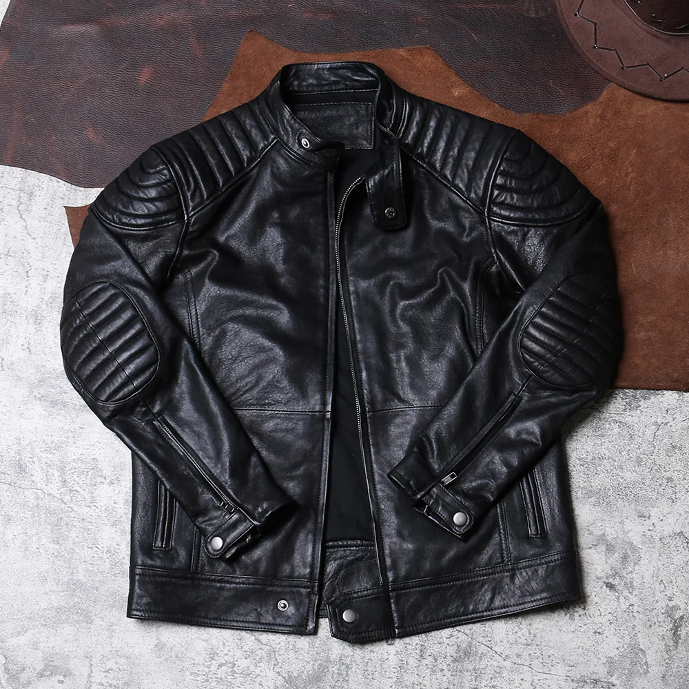 

Men's real true sheep Leather Jacket Motorcycle Leather Jackets Lined Winter Warm Coat Man, Black