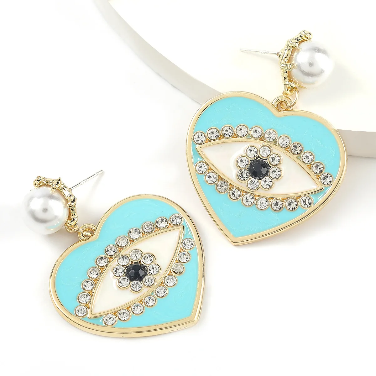 

Fashion Alloy Drop Oil Diamond Inlaid Pearl Love Heart-shaped Eye Earrings Trendy Earrings for Women