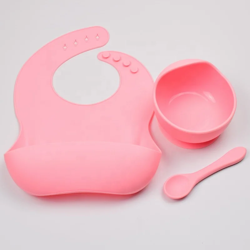 

Amazon Hot Selling Factory Direct Wholesale Waterproof Silicone Baby Bib With Bowl Spoon For Baby Feeding set Baby Silicone Bibs, Existing color or customized