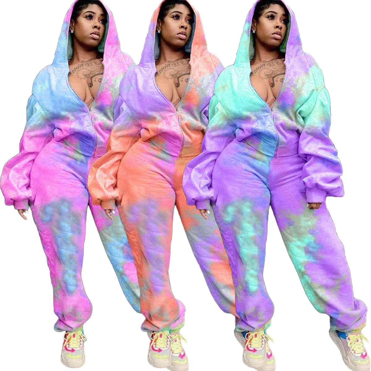 

B63590A Manufacturers direct fashion tie-dye printing thickened hoodie sports two-piece set, Pink/orange/purple