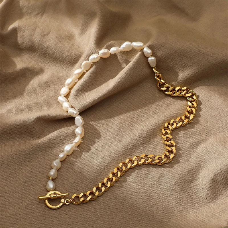 

European And American Hot Selling Half Cuba Half Freshwater Pearl Necklace 18k Gold Plated Cuban Necklace For Men And Women