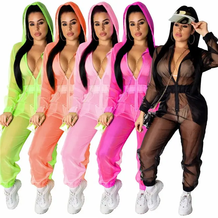 

Spring Casual Loose Long Sleeve Zipper Mesh Romper Hooded Fashion Jumpsuit Women See Through Solid Color Ankle-length Pants