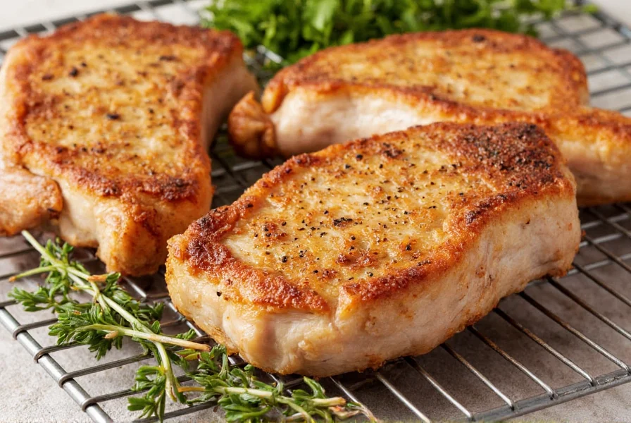 Perfectly seared salted pepper pork chops with golden crust, resting on wire rack with fresh thyme garnish