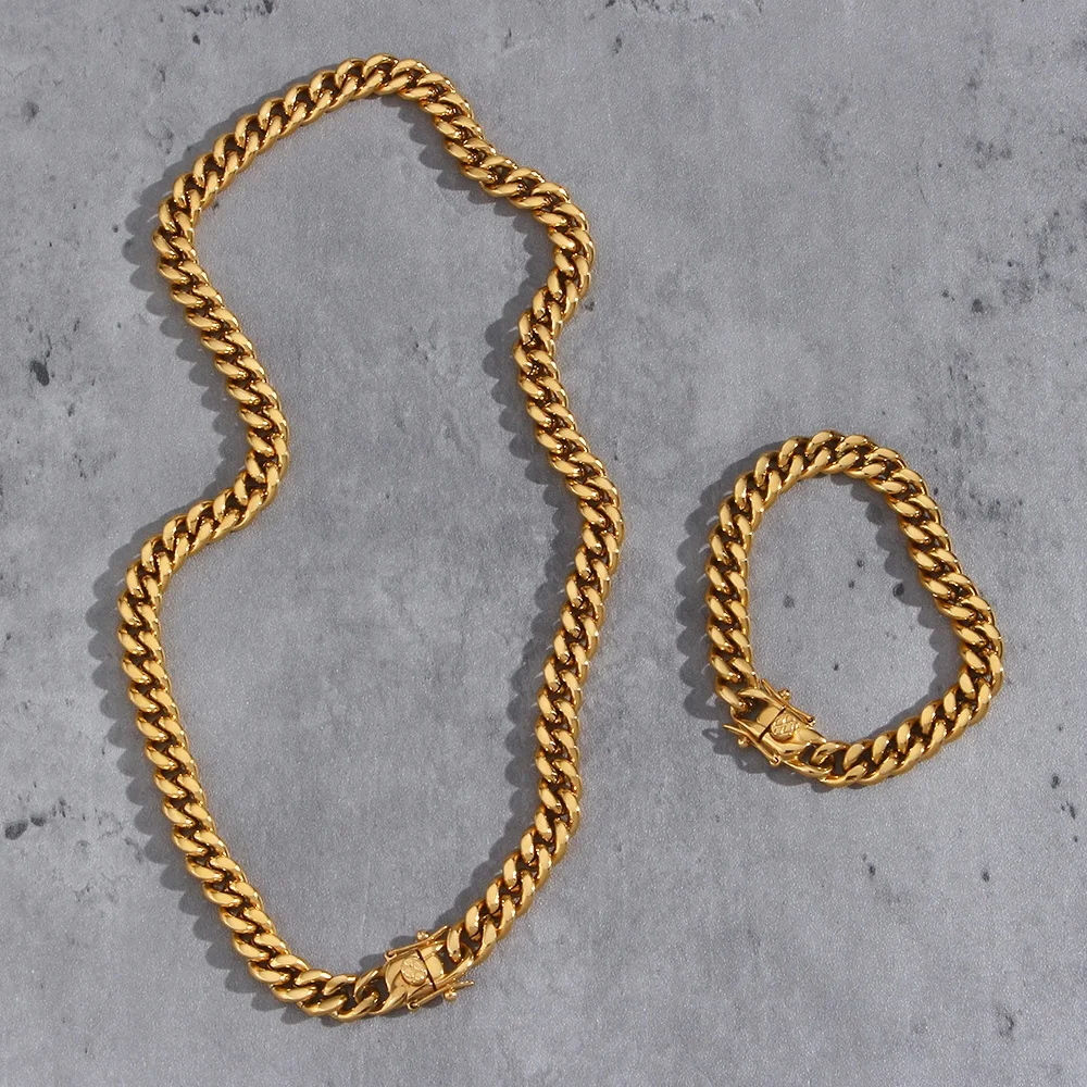

7mm Hip Hop 18K Gold Plated Cuban Chain Necklace For Women Chunky Chain Bracelet Stainless Steel Jewelry Sets