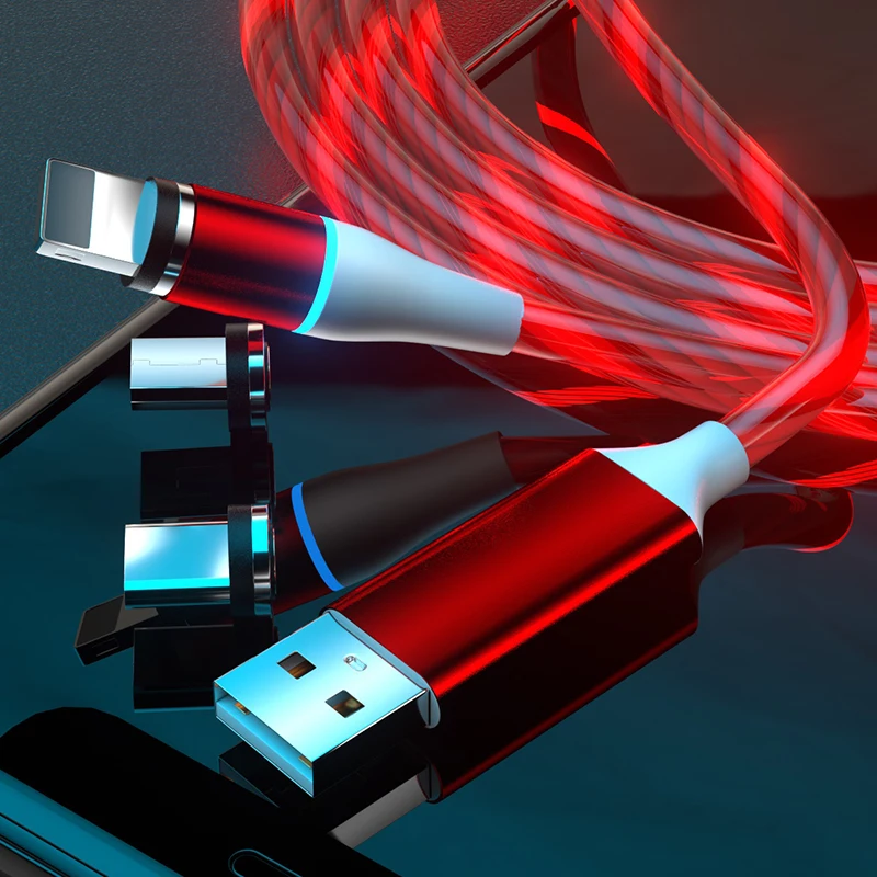 

CFT-M258 Magnetic Data Cable with Luminous Flowing LED supports 3 in 1 data transfer and fast charging, Red/white/blue/green