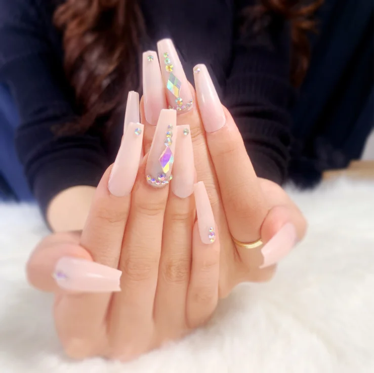 

Nude long coffin french nails false diamond crystal luxury press on nails manufacturers