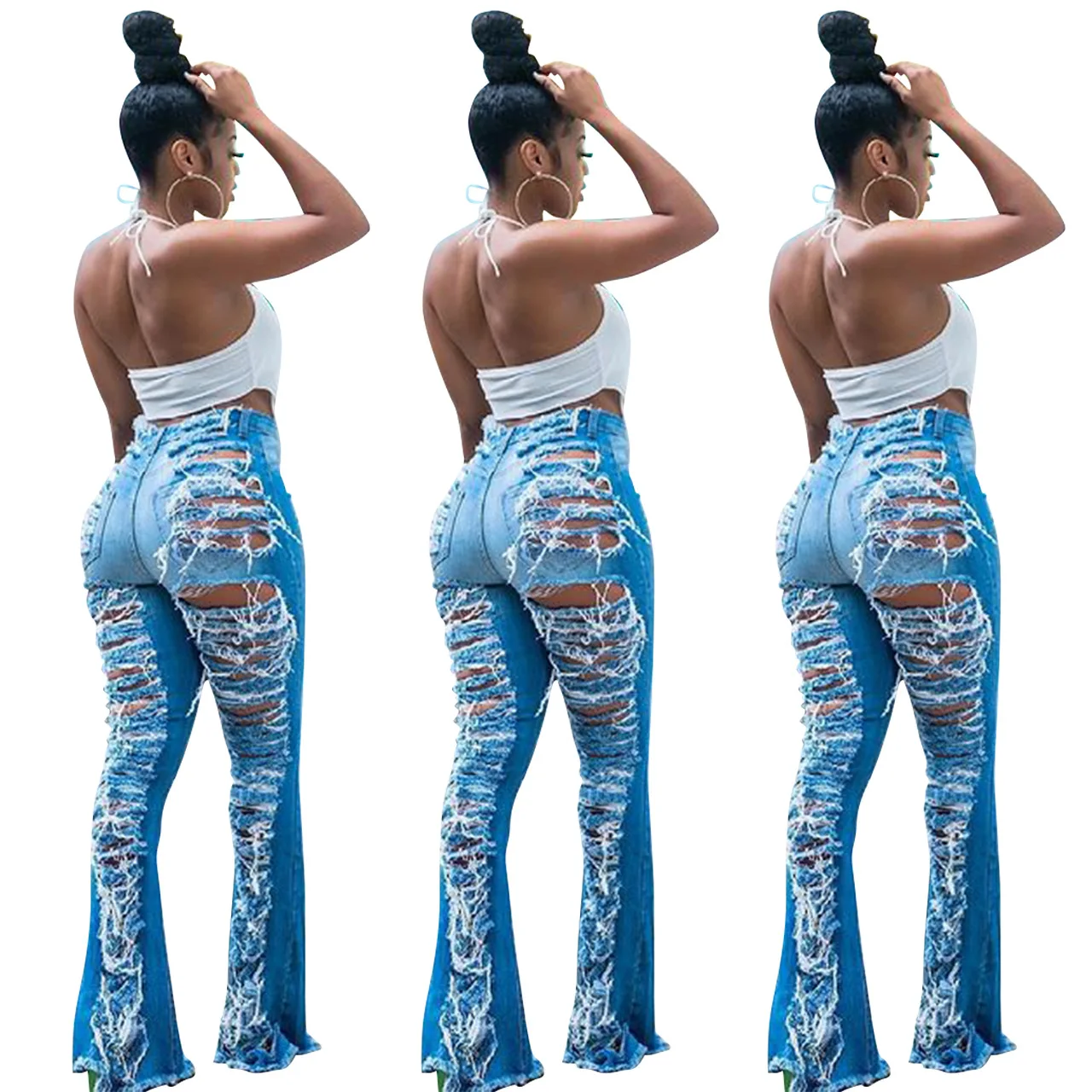 

2021 New Fashion Plus Size Women's Jeans High Waist Hollow Out Flare Jeans For Women Women Ripped Jeans Pants, Blue