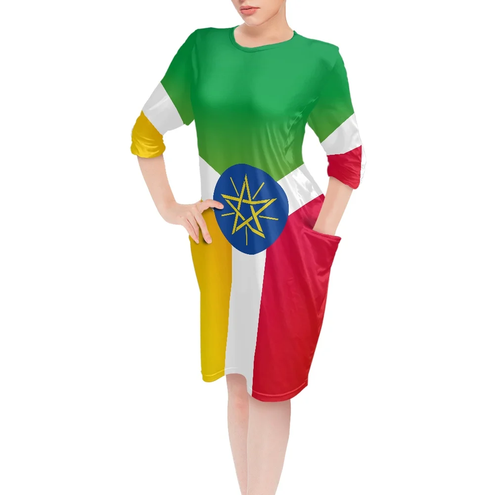 

Ethiopian Dress Fabric Plus Size Dresses Women Lady Long Sleeve 2022 Casual Round Neck Midi Loose T-Shirt Dresses with Pockets, Customized color