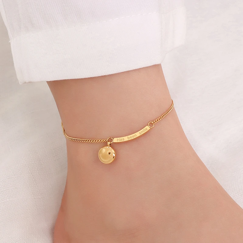 

Women's Minimalist Vintage Body Foot Jewelry Anklets With Charms 18k Gold Plated Stainless Steel Smile Charm Anklet, Gold, silver, rose gold, black