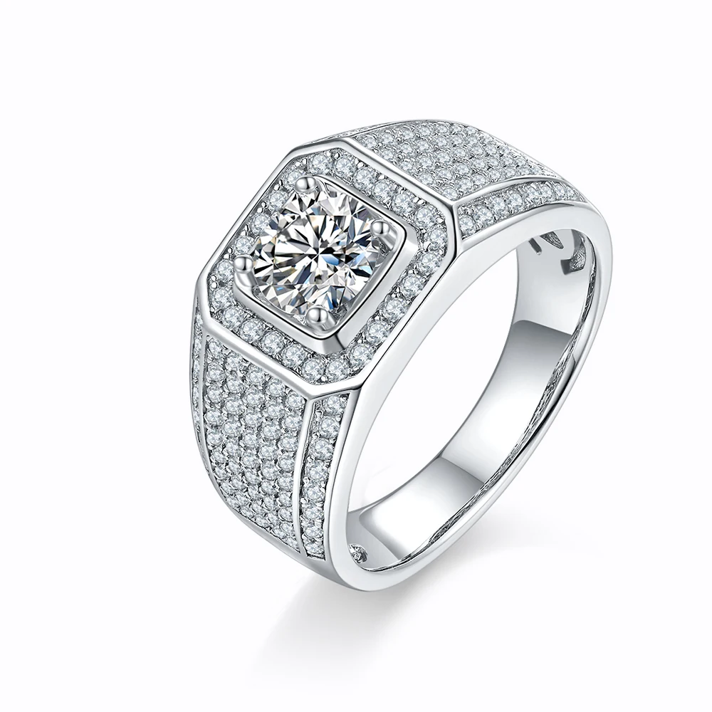 

Fashion Trendy High Quality 925 Sterling Silver Moissanite 10k White Gold Plated Engagement Wedding Heavy Solid Big Finger Men