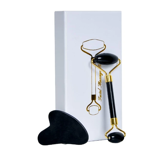 

Custom 2 In 1 Gua Sha Set Facial Massager Skin Black Jade Roller For Face