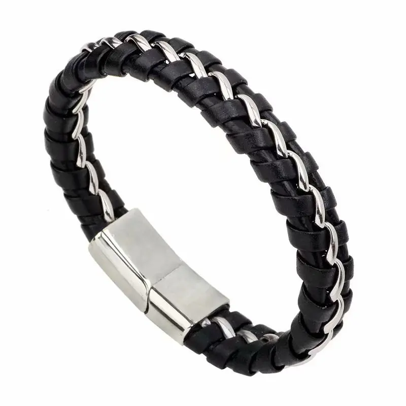 
Promotional Gifts Hand Bangle Jewelry Stainless Steel Mens Leather Bracelets 