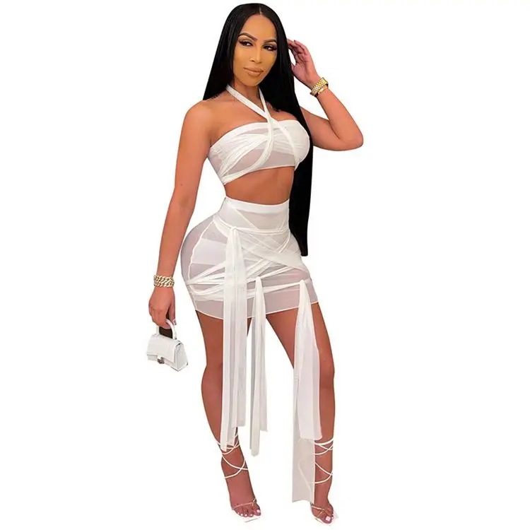 

AOMEI Best Design Sexy V Neck Solid Color Bandage Women Clothing Summer Strapless Sleeveless Two Piece Skirt Set