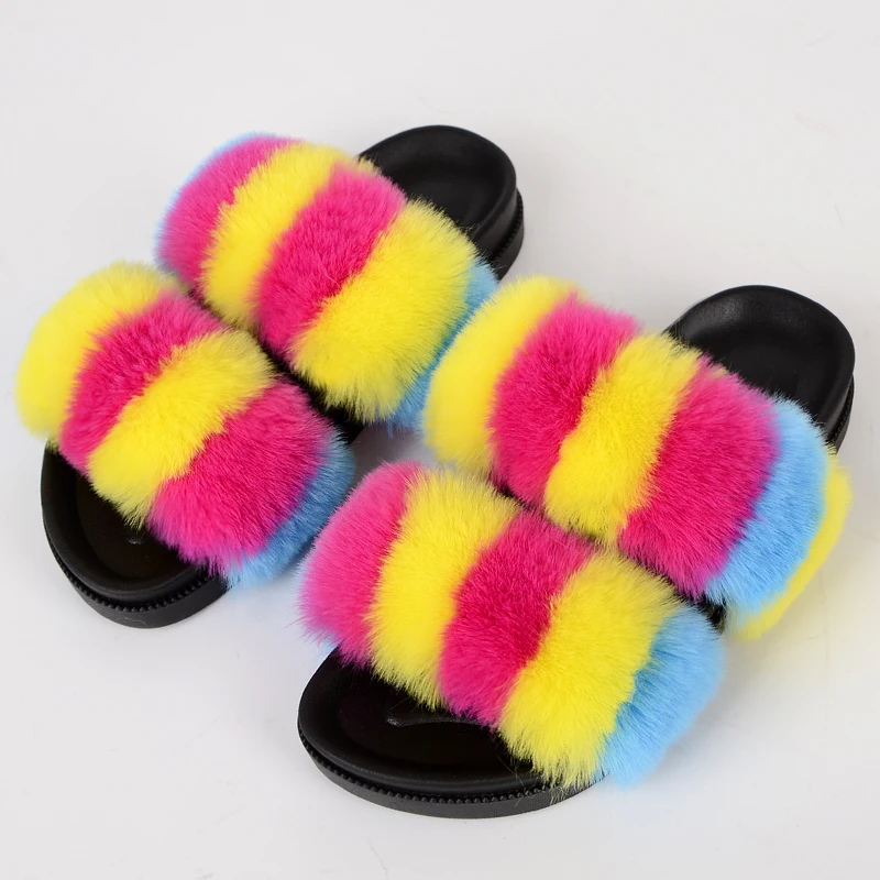 

Jtfur Wholesale Cute Fashion Flip Flops Soft Fluffy Colorful Sliders PVC Furry Fur Double Strap Slippers, Customized color