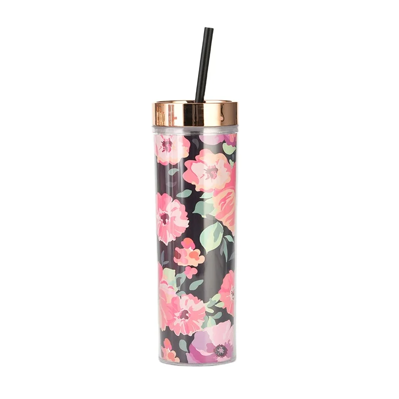 

Wholesale 16oz Skinny Double Wall Plastic Flowers Tumbler Girls Cups with Straw for Mother's day, Customized color acceptable