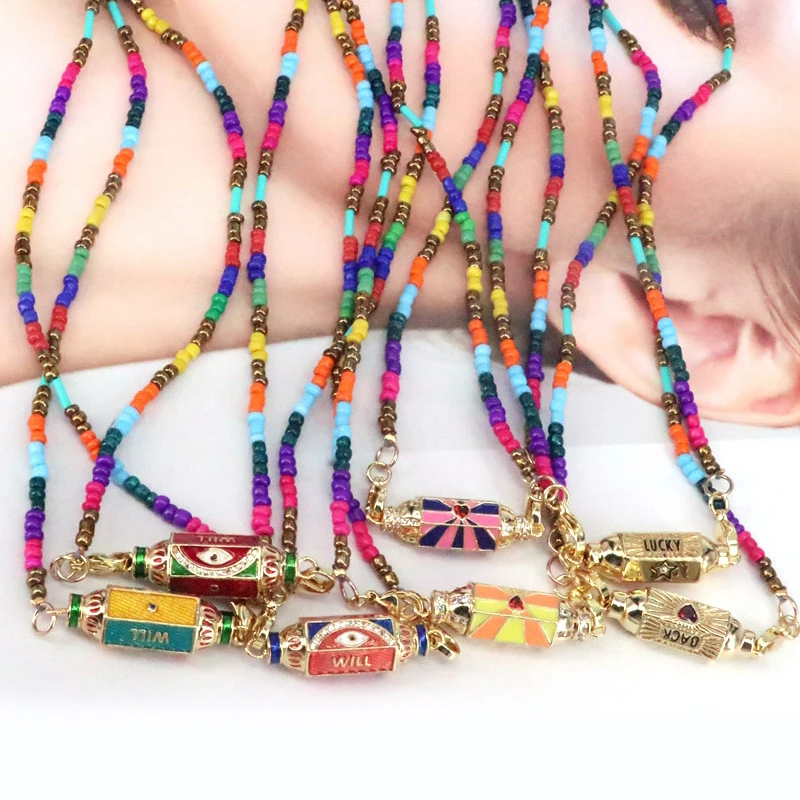 

2021 New Jewelry Gift Fashion Lucky Praying Box Bead Bracelet Enamel Talisman Necklaces For Women, Colorful