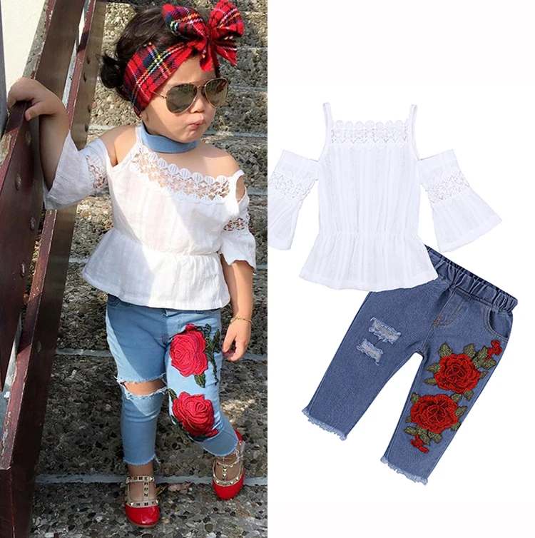 

Lace denim kids clothing two piece set 1 to 5 year old trendy toddler baby girl clothes, White and blue