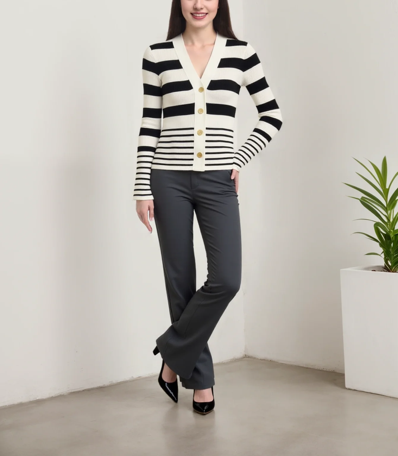 High Popularity 2025 New Slim V Neck Elegant Stripes Pattern Button Commuter Casual Cardigan Knitwear