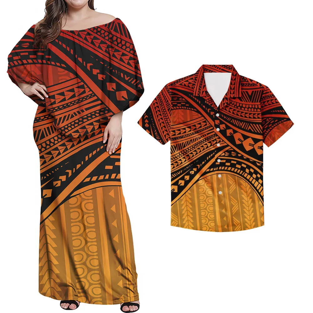 

Off Shoulder Dress Shirts Women Polynesian Tribal Hawaii Print New Women Dress Shirt Casual Couple Matching Clothes Plus Size, Customized color