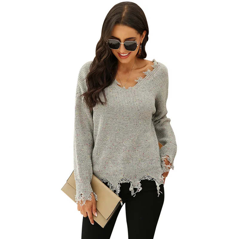 

Women's Wholesales Europe and America Autumn Fashion Long Sleeve V-neck Loose Ripped Ladies Pullover Knitted Sweater Tops, Customized color