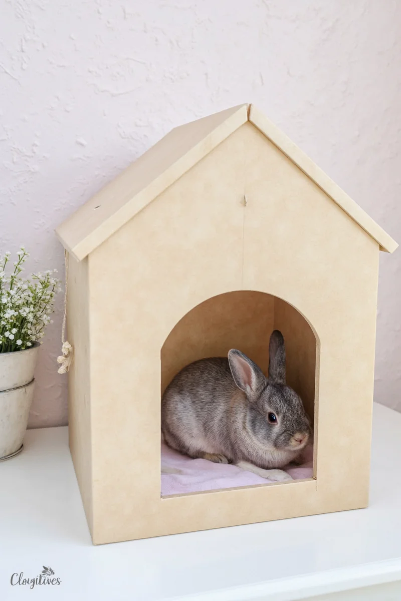 A side view of a wooden bunny house painted white with soft cushion inside.