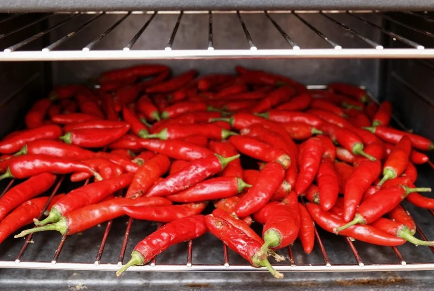 Sliced chili peppers arranged on baking sheet for oven drying