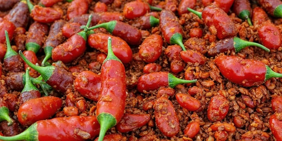 Close-up of core chili spices laid out neatly