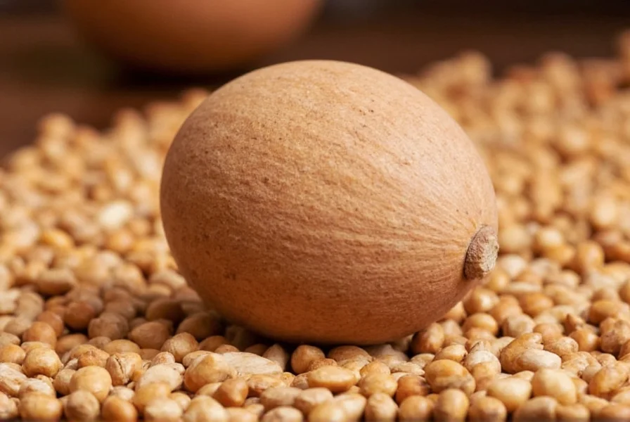Close-up of whole nutmeg seeds next to grated nutmeg powder on wooden cutting board