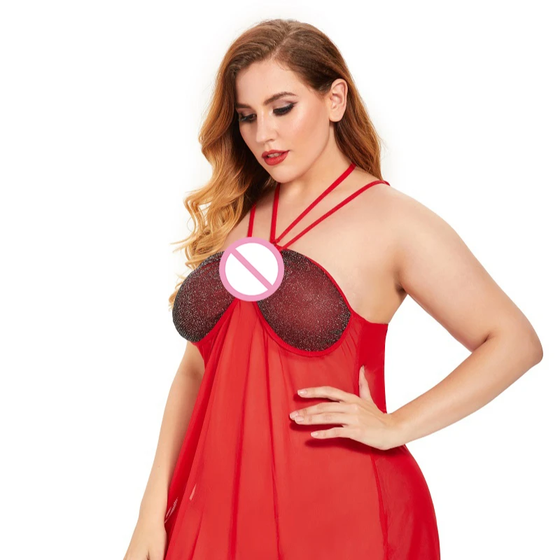 

Plus Size See-through Women's sexy Lingerie three-point underwear temptation suspender nightdress, Red
