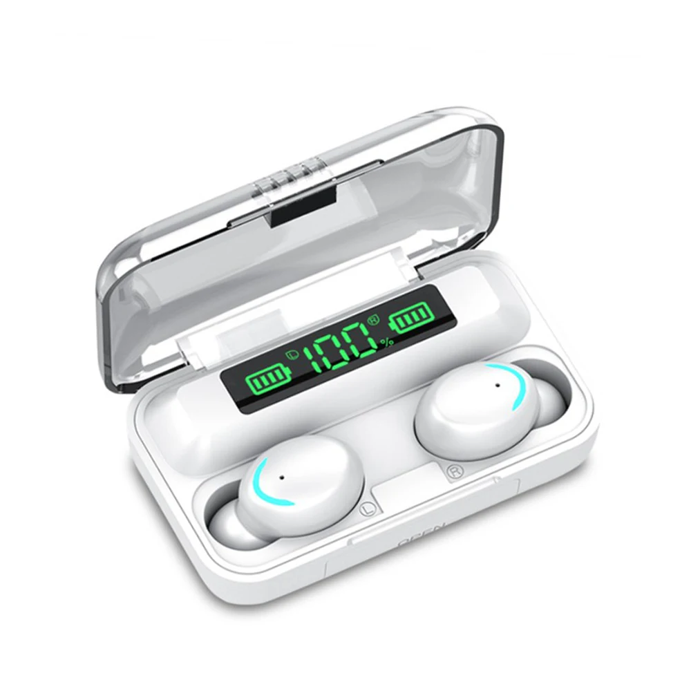 

f9-5 tws wireless earphones BT5.0 Mini Stereo earphones LED Earbud Gaming Headset Noise Cancel In-ear Sports Headset, Black, white