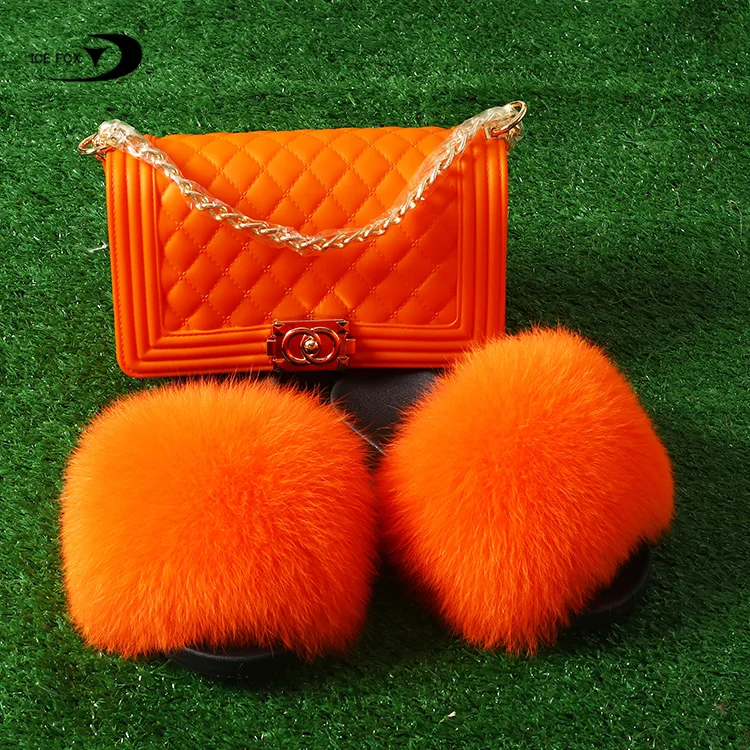 

Hot Selling Outfit Women Fox Fur House Slippers Rainbow Real Fox Real Fox Fur Slippers With Bags, Any color choices