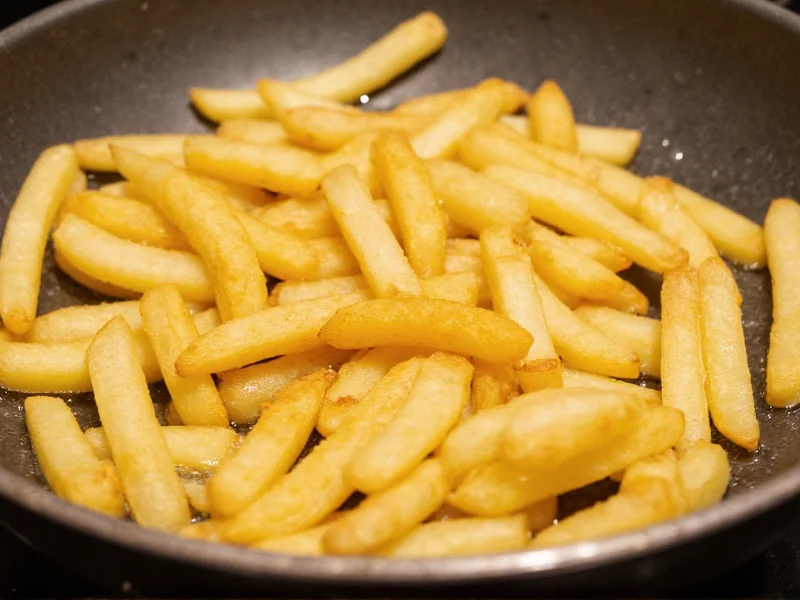 Potato fries frying in oil showing perfect golden color development