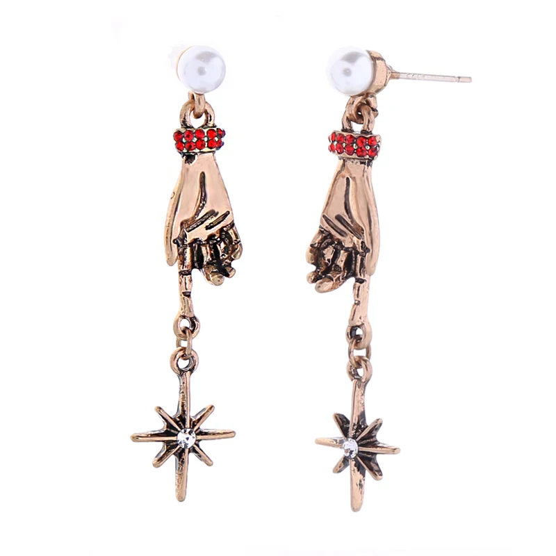 

e9122334 European Retro Personalized Vintage Hand Star Dangle Crystal Pearl Jewelry Women New Fancy Statement Earrings