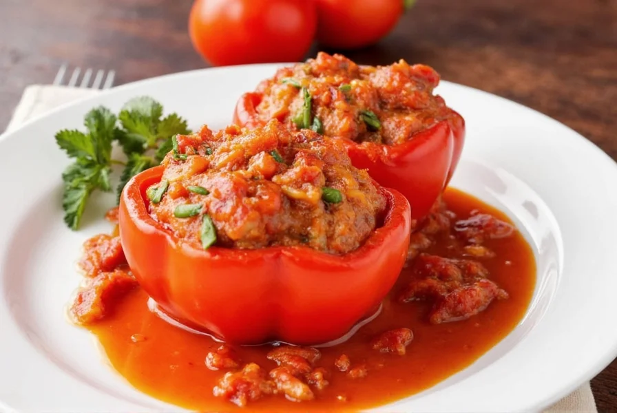 Traditional Hungarian filled paprika served on white ceramic plate with sour cream garnish