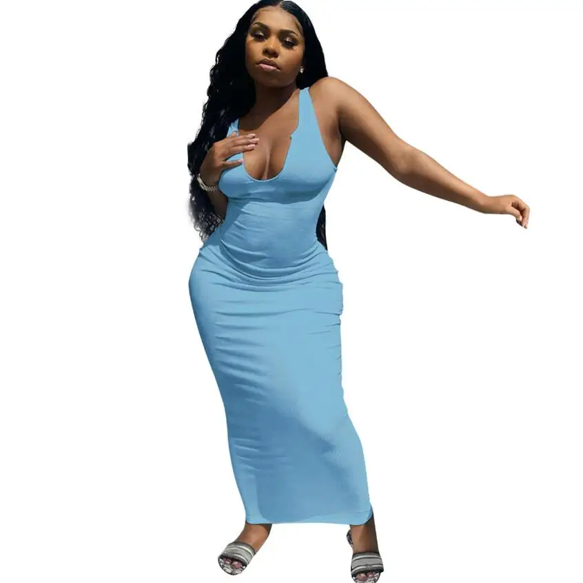 

Q21S812 Wholesale summer v neck bodycon summer dress sleeveless sexy women dress elegant fashionable plus size bodycon dress