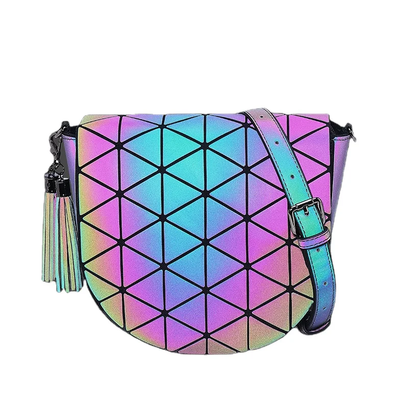 

Professional geometric bag factory wholesale high quality PU leather luminous reflective shoulder bag