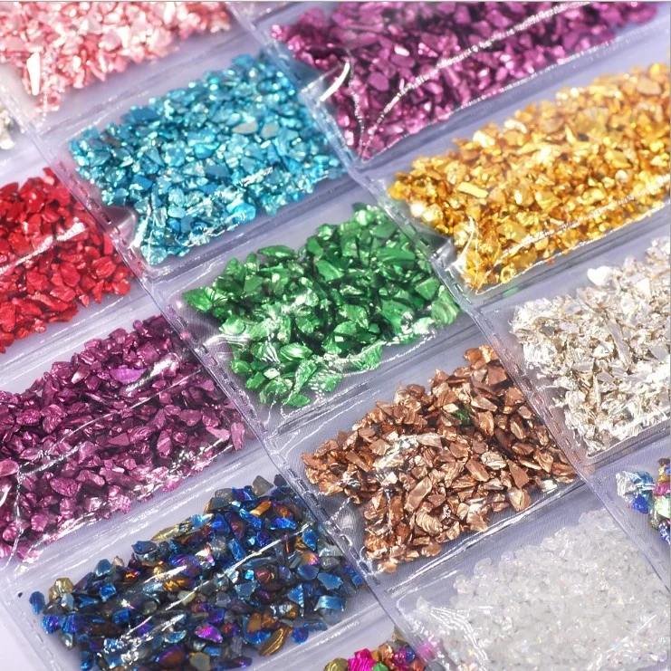 

Wholesale Mix Size Nails Art Gem Metallic Irregular Crushed Glass Stone For 3d Nail Art Decorations, Over 24 colors