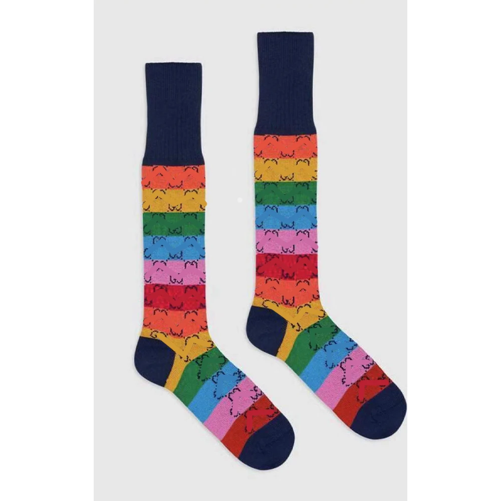 

Rainbow color Chines Manufacturers Cotton Knit Fashion Long Designer Double G Knee High Socks