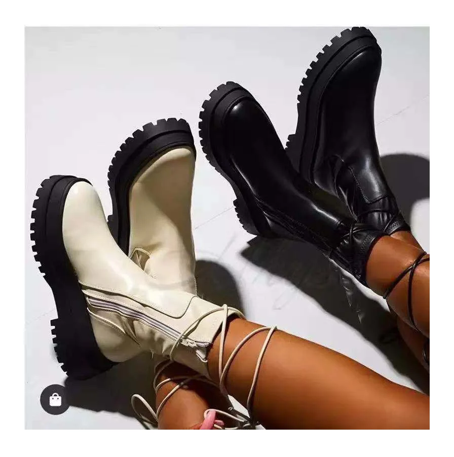 

2021 Winter New Thick-Heeled Artificial Pu Round Toe High-Top Women'S Martin Boots